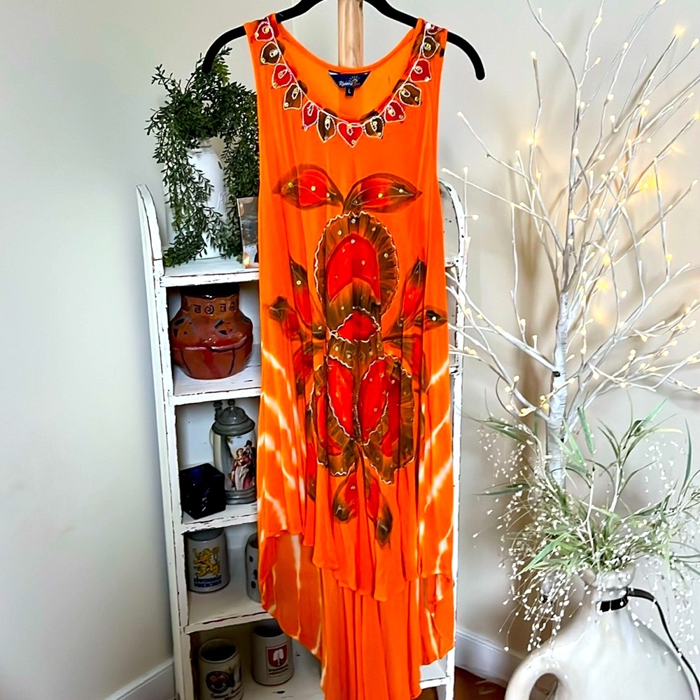 Riviera Sun L  bright orange/red/brown w/embroidery and sequins coverup. Hi/lo